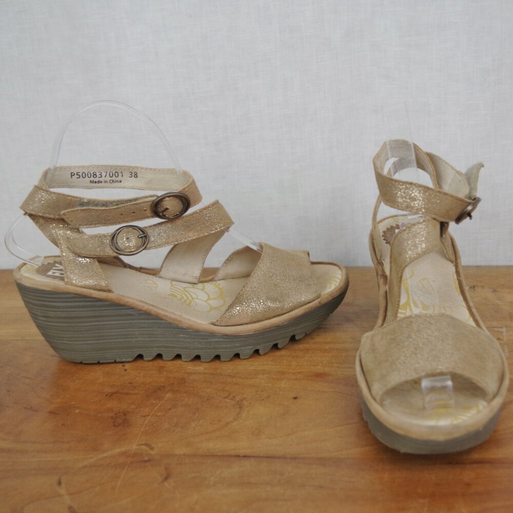 Fly London Gold Strappy Leather Wedge Sandals Size EU 38
